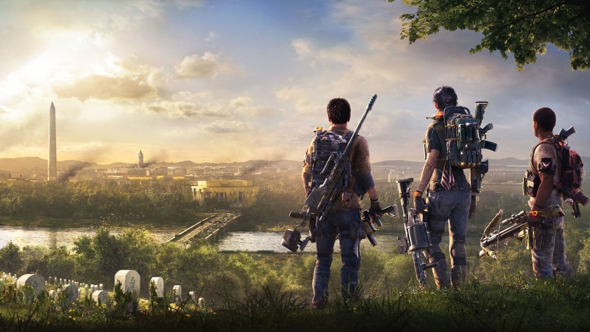 Division 2 screenshot of three characters looking at a sunset