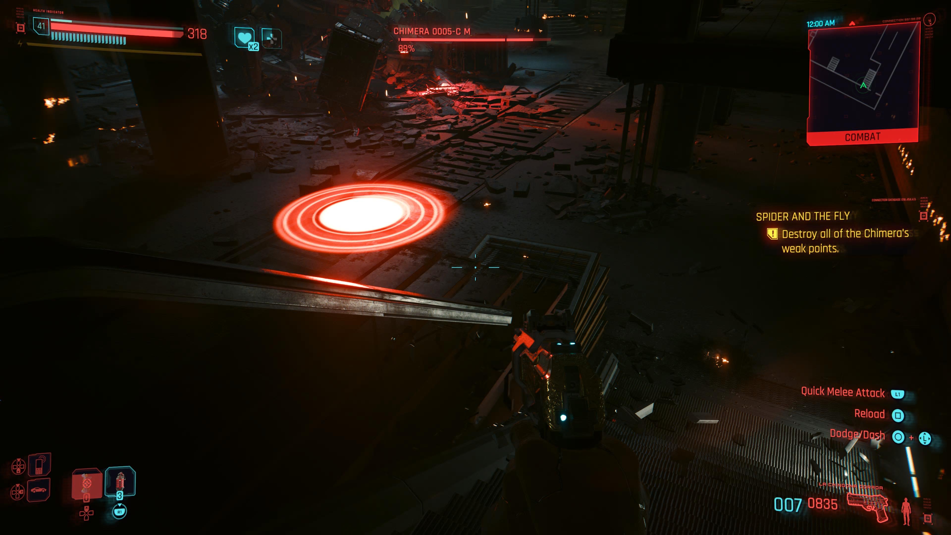 An in game screenshot of the Chimera boss fight from the Cyberpunk 2077 DLC Phantom Liberty. 