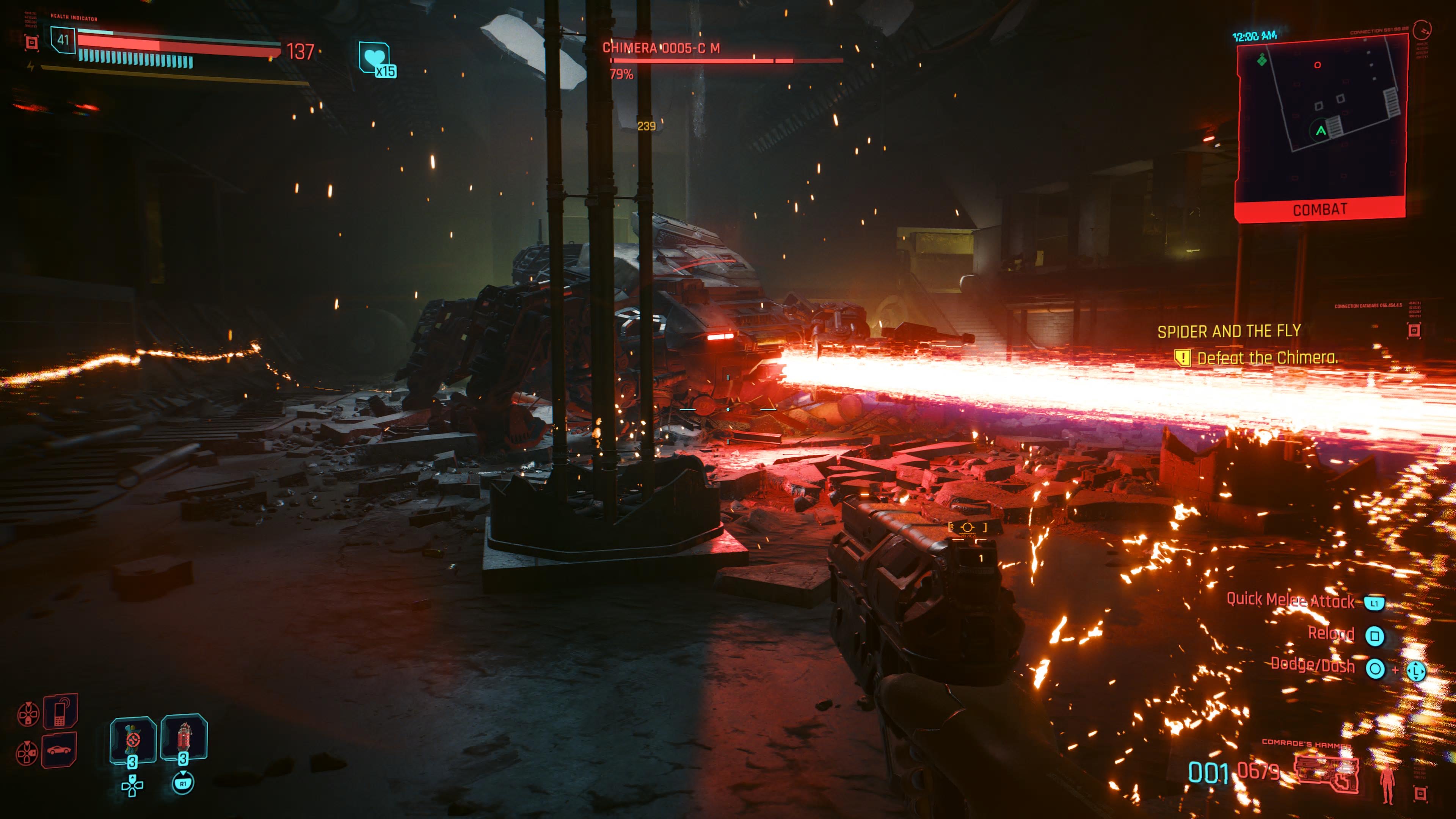 An in game screenshot of the Chimera boss fight from the Cyberpunk 2077 DLC Phantom Liberty. 