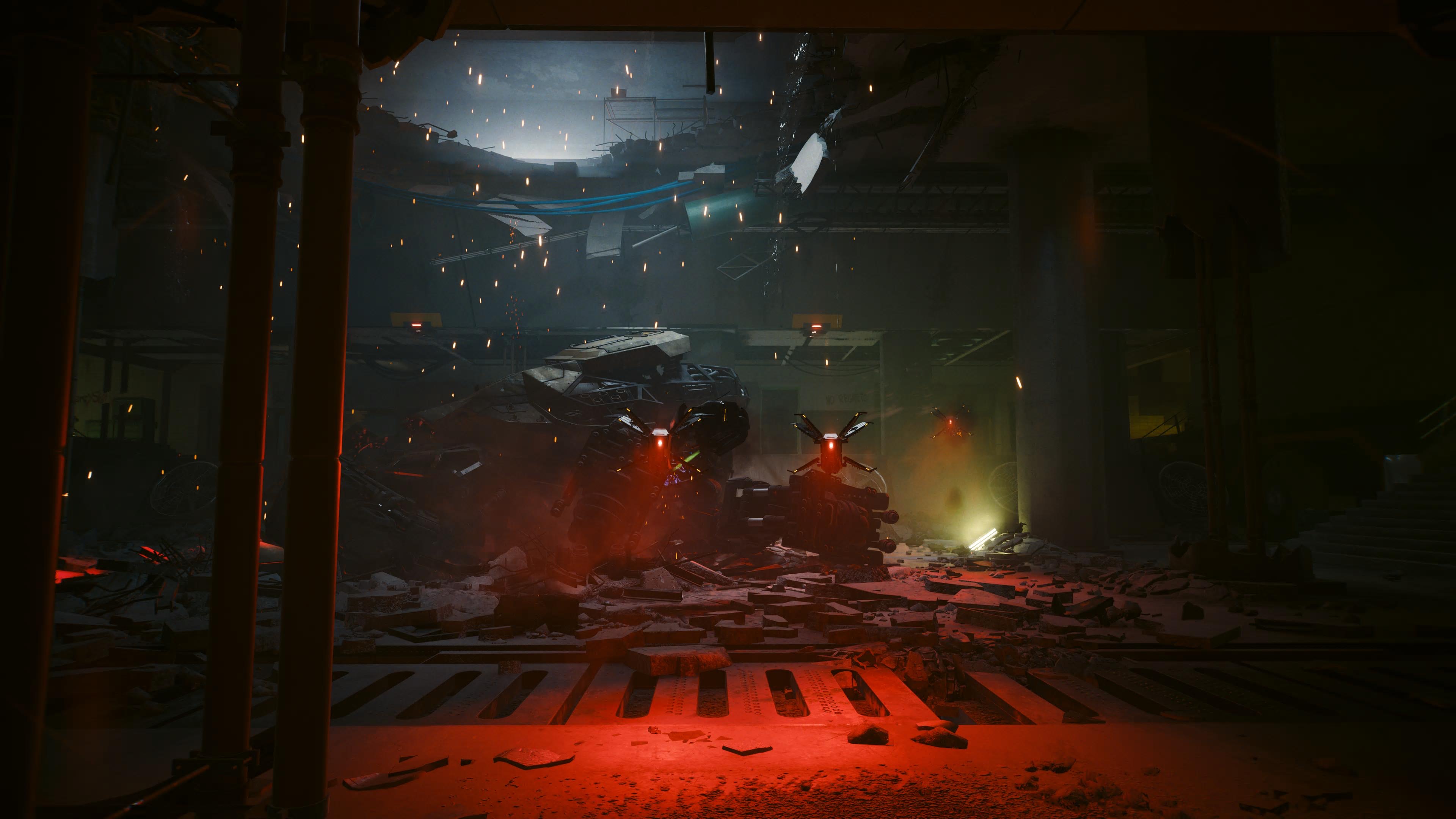 An in game screenshot of the Chimera boss fight from the Cyberpunk 2077 DLC Phantom Liberty. 