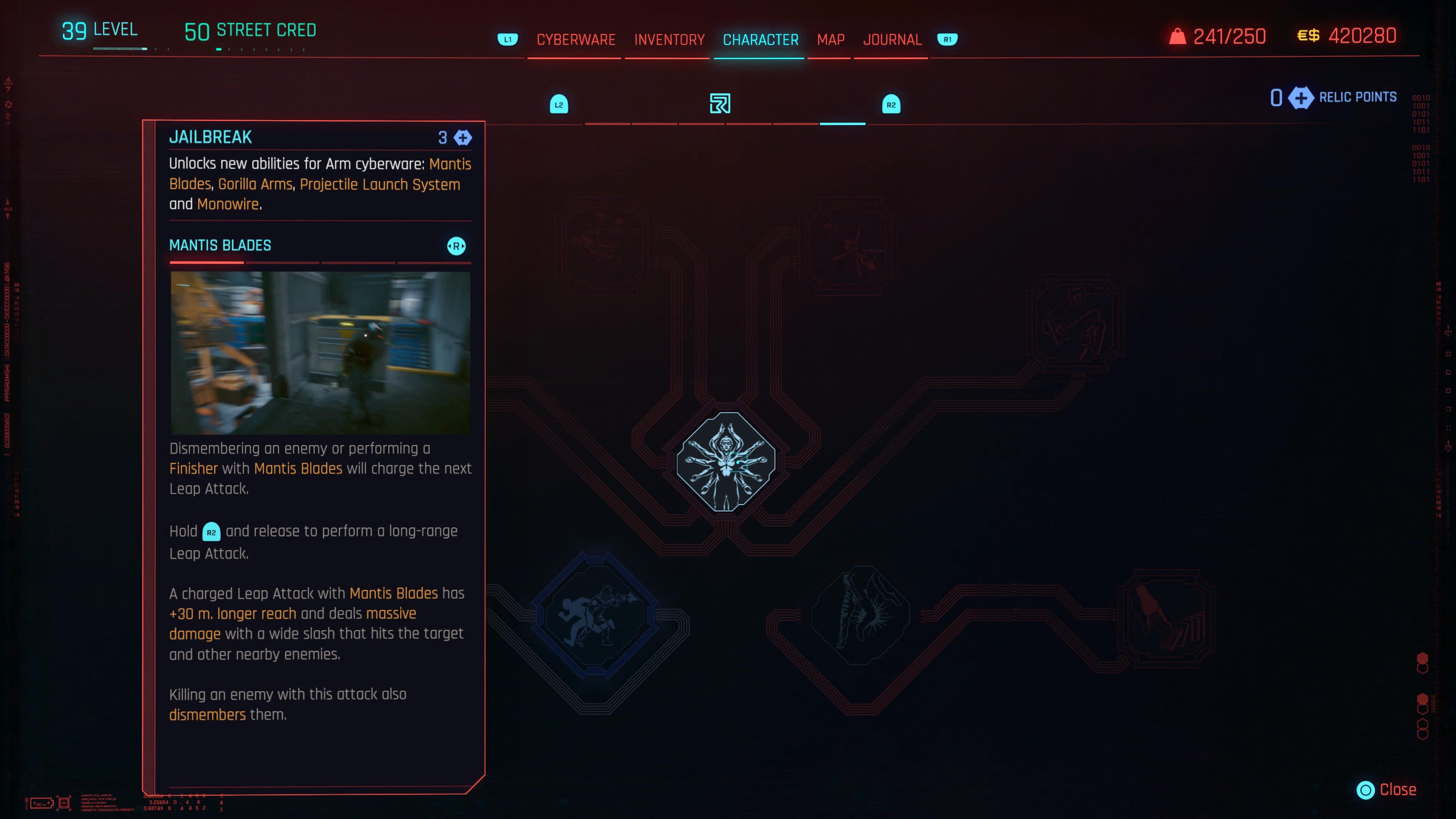 An in game screenshot of the Relic Skill Tree menu from Cyberpunk 2077.