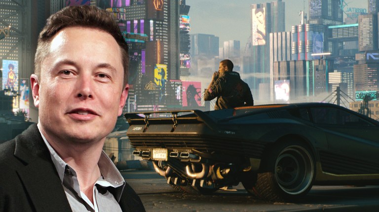 Elon Musk in front of Cyberpunk 2077 keyart