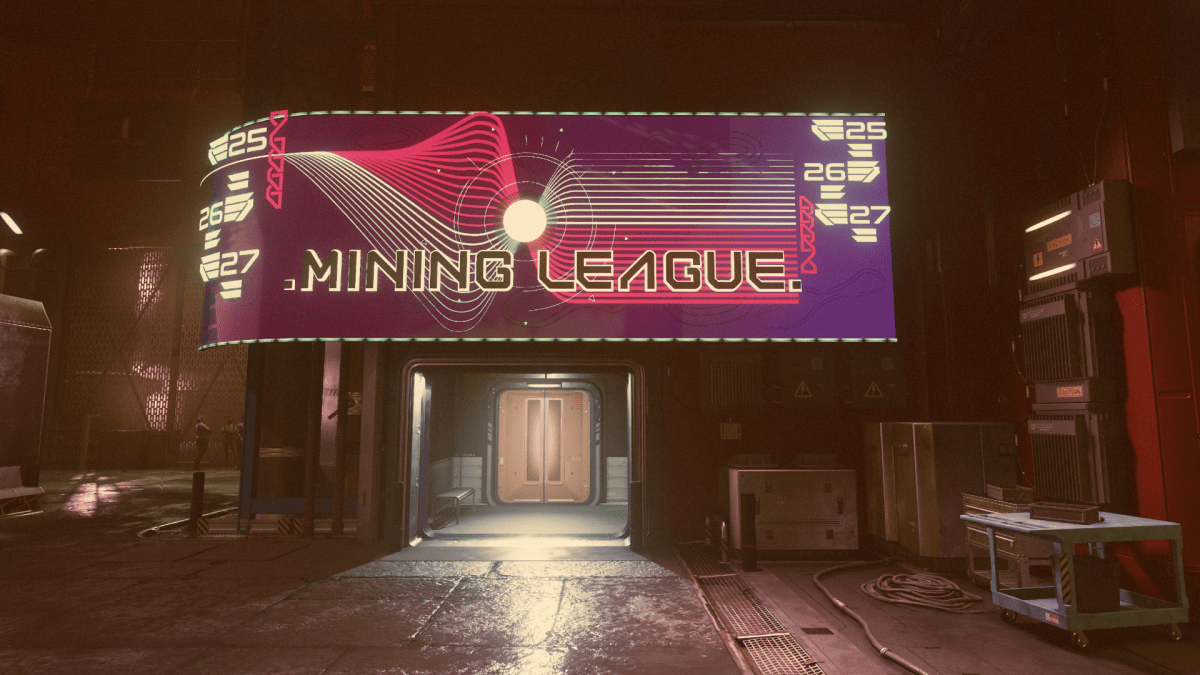 Image of a neon lit sign to the Miner's League is the busy streets.