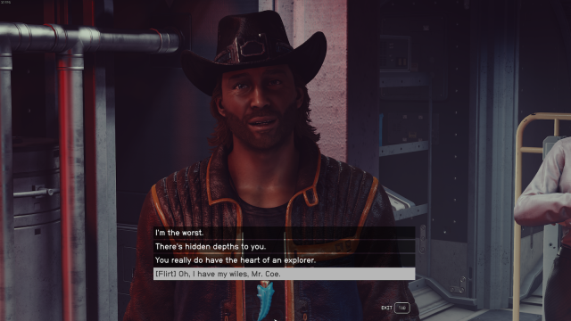 Sam Coe in the middle of a picture with a big hat on in Starfield, four message choices are presented to the player with a flirt option at the bottom