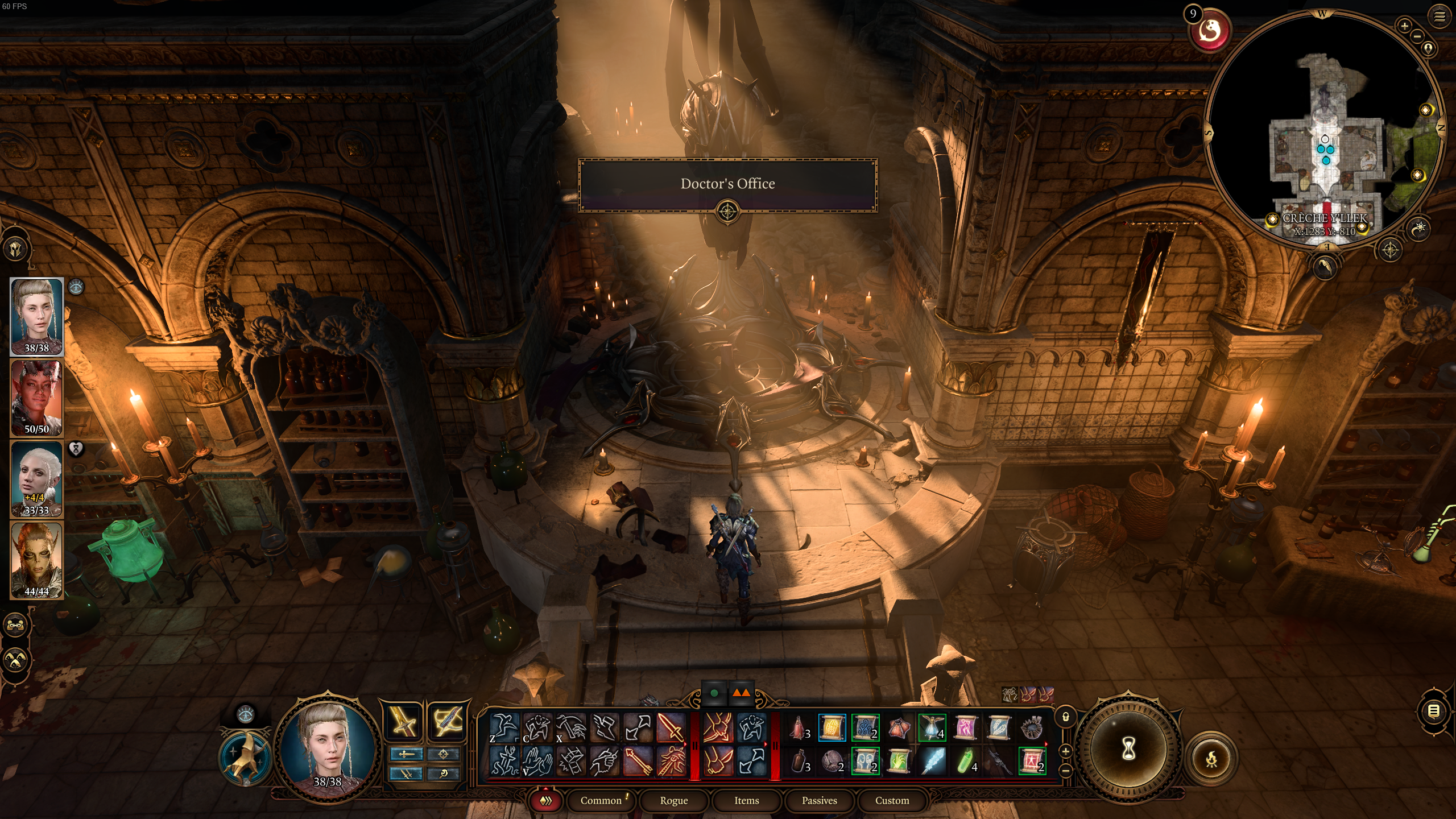 An image of the player character and their party in a doctor's office in Baldur's Gate 3.