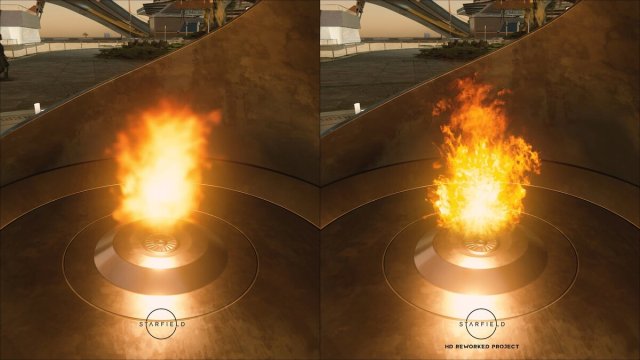 A side by side comparison of fire effects between unmodded Starfield and the reworked HD mod.