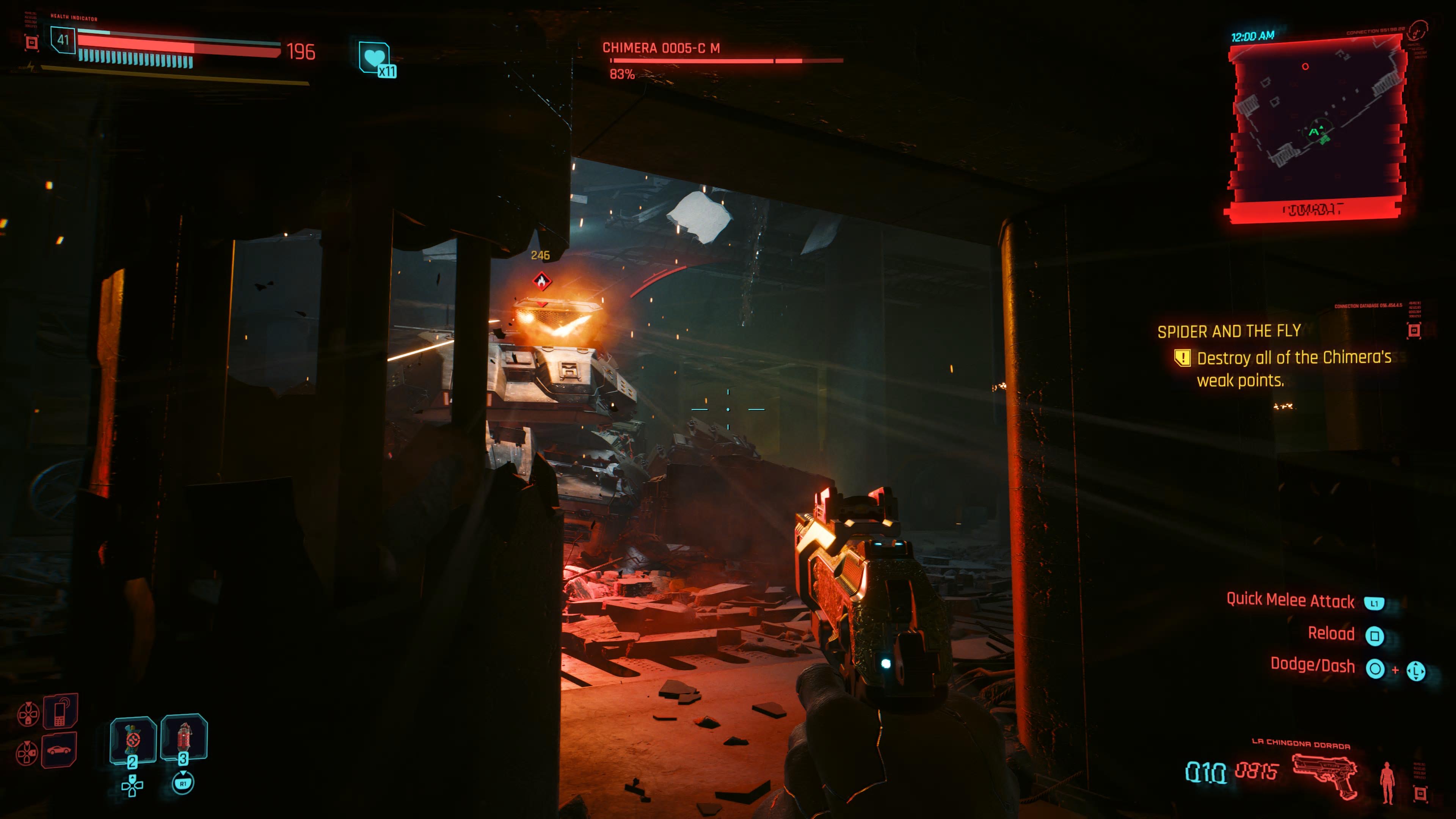 An in game screenshot of the Chimera boss fight from the Cyberpunk 2077 DLC Phantom Liberty. 