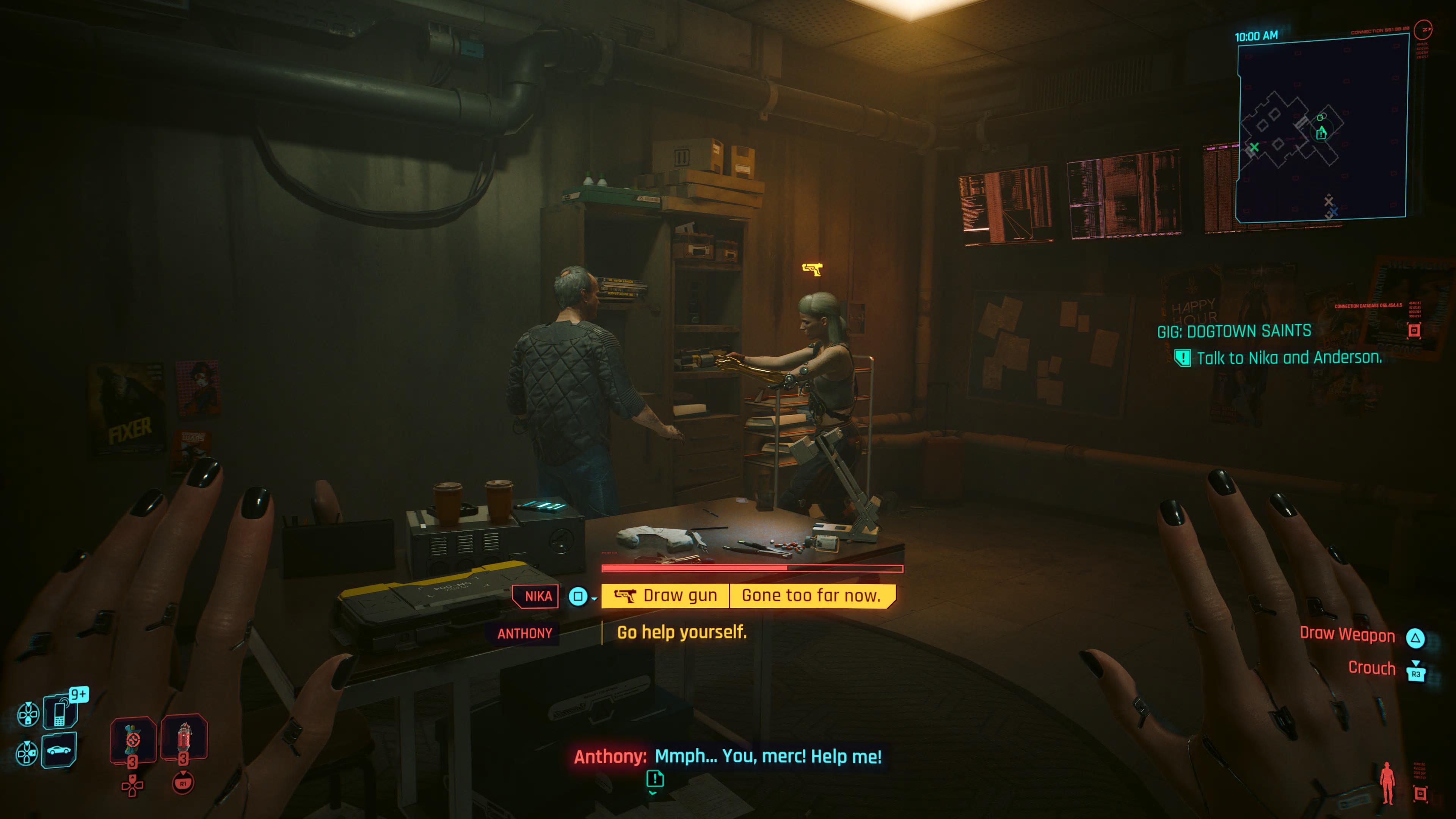 An in game screenshot of the confrontation between Nika and Dr Anderson in the Phantom Liberty DLC for Cyberpunk 2077. 