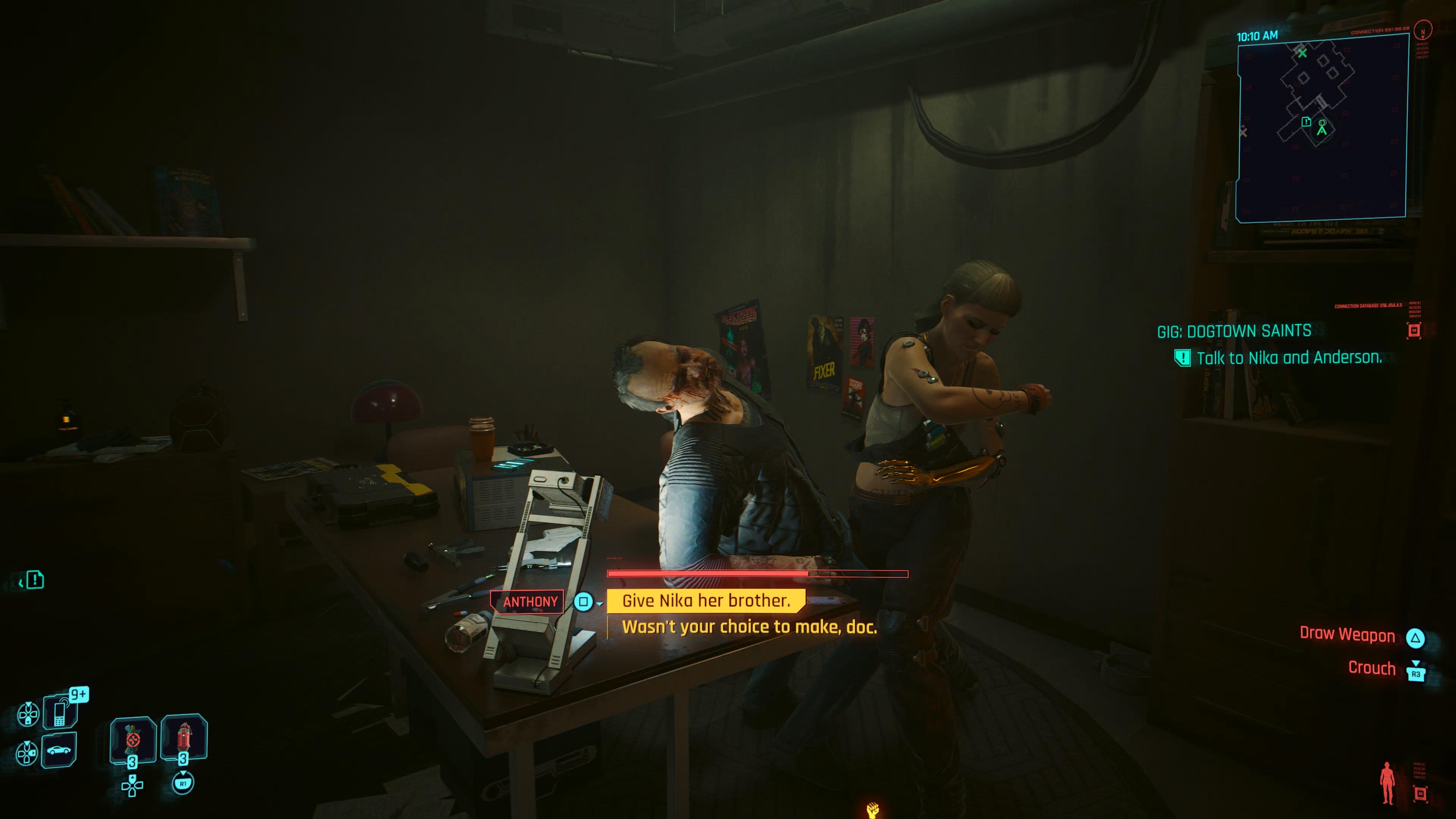 An in game screenshot of the confrontation between Nika and Dr Anderson in the Phantom Liberty DLC for Cyberpunk 2077. 