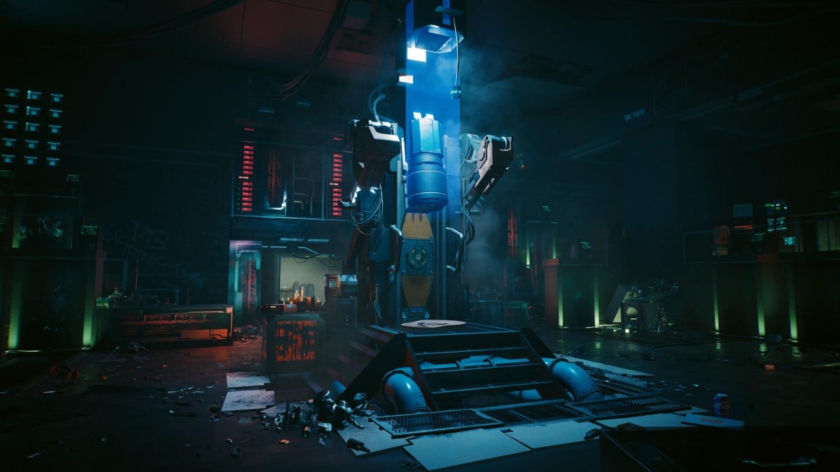 An in game screenshot of the Voodoo Boys hideout from the Cyberpunk 2077 DLC Phantom Liberty