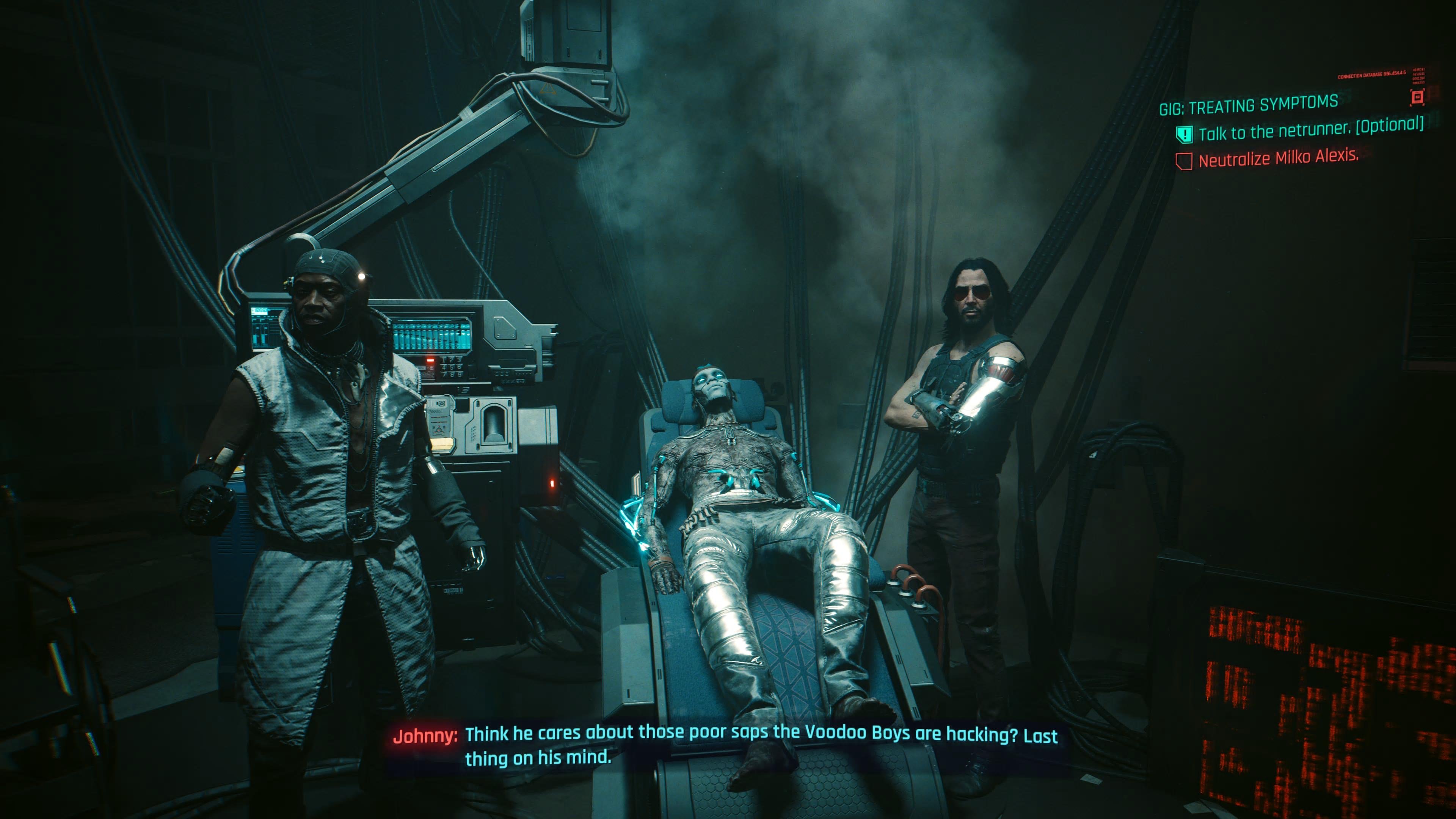 An in game screenshot of Alan, Milko and Johnny Silverhand in the Voodoo Boys hideout from the Cyberpunk 2077 DLC Phantom Liberty