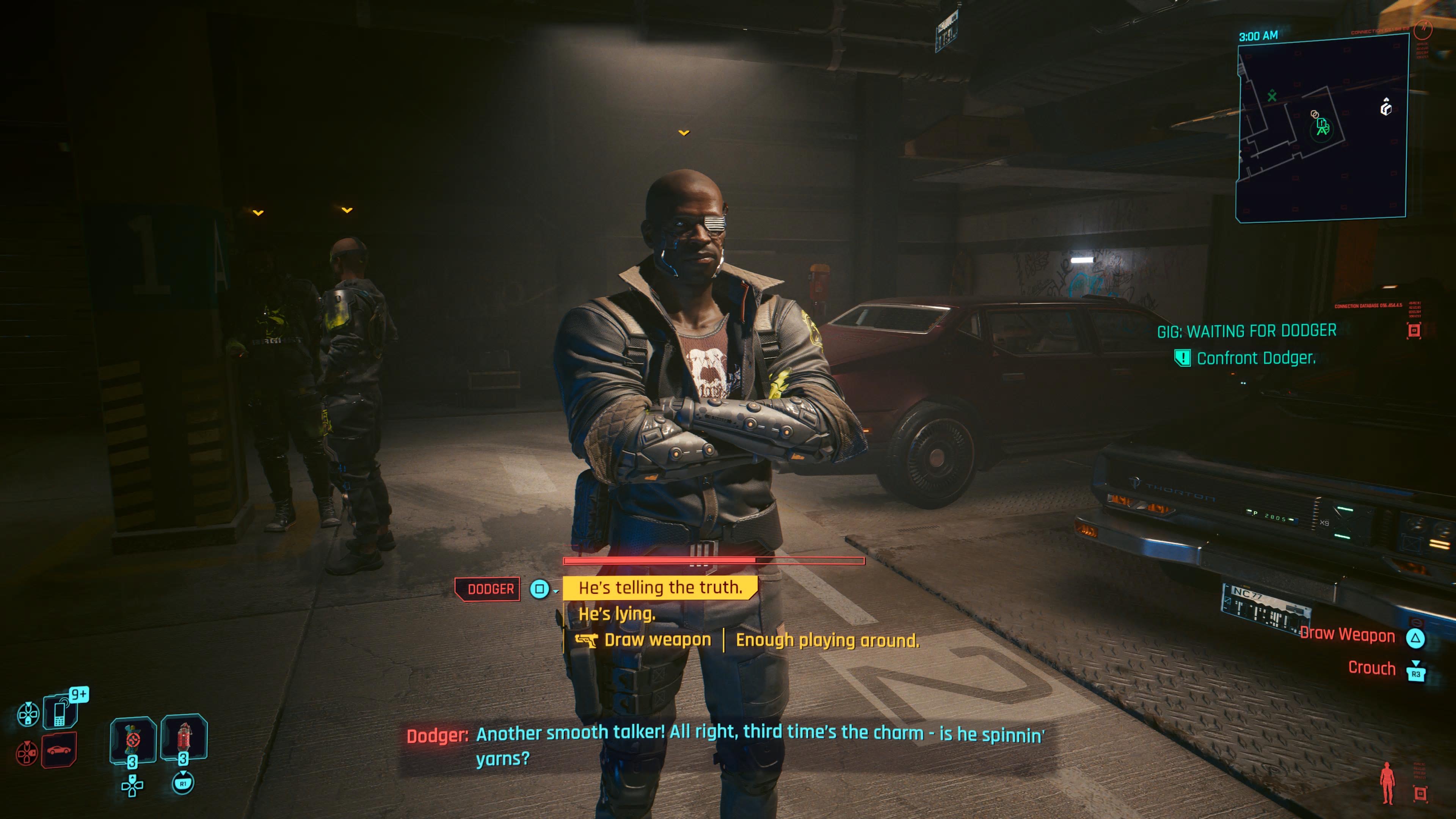 An in game screenshot of the character Dodger from the game Cyberpunk 2077.