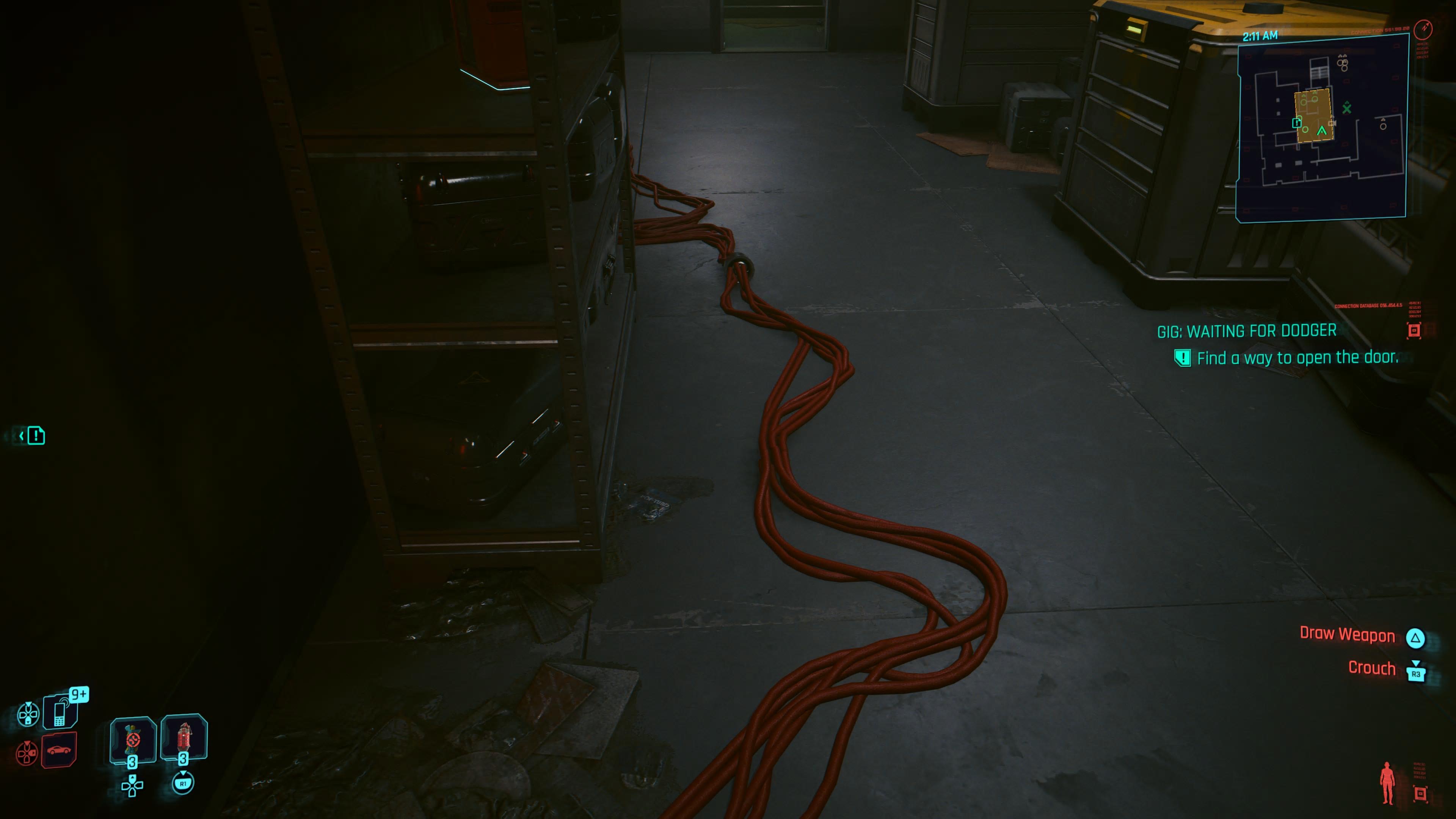 An in game screenshot of red cables from the game Cyberpunk 2077. 