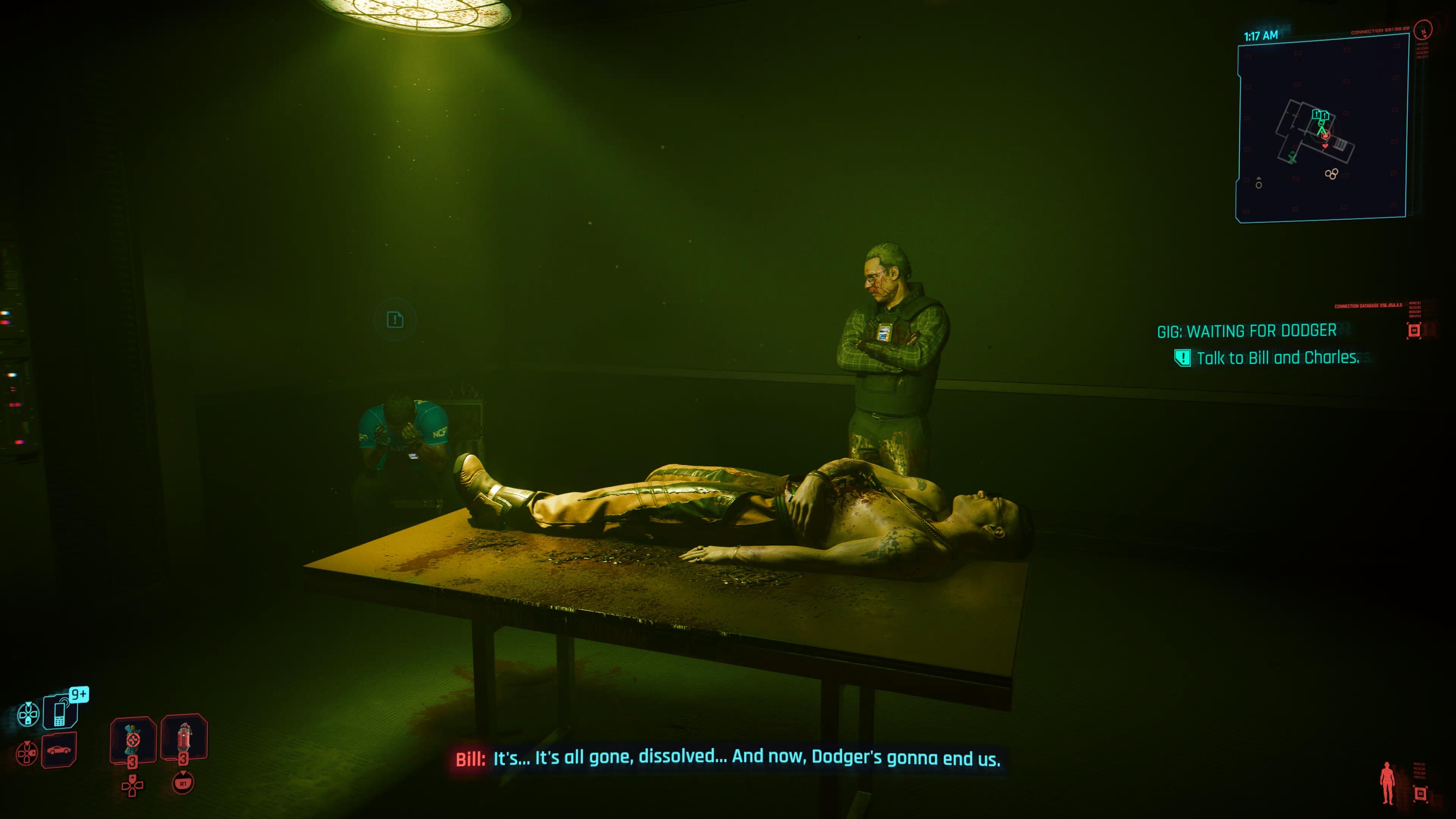 An in game screenshot of the characters Bill and Charlie from the game Cyberpunk 2077. 
