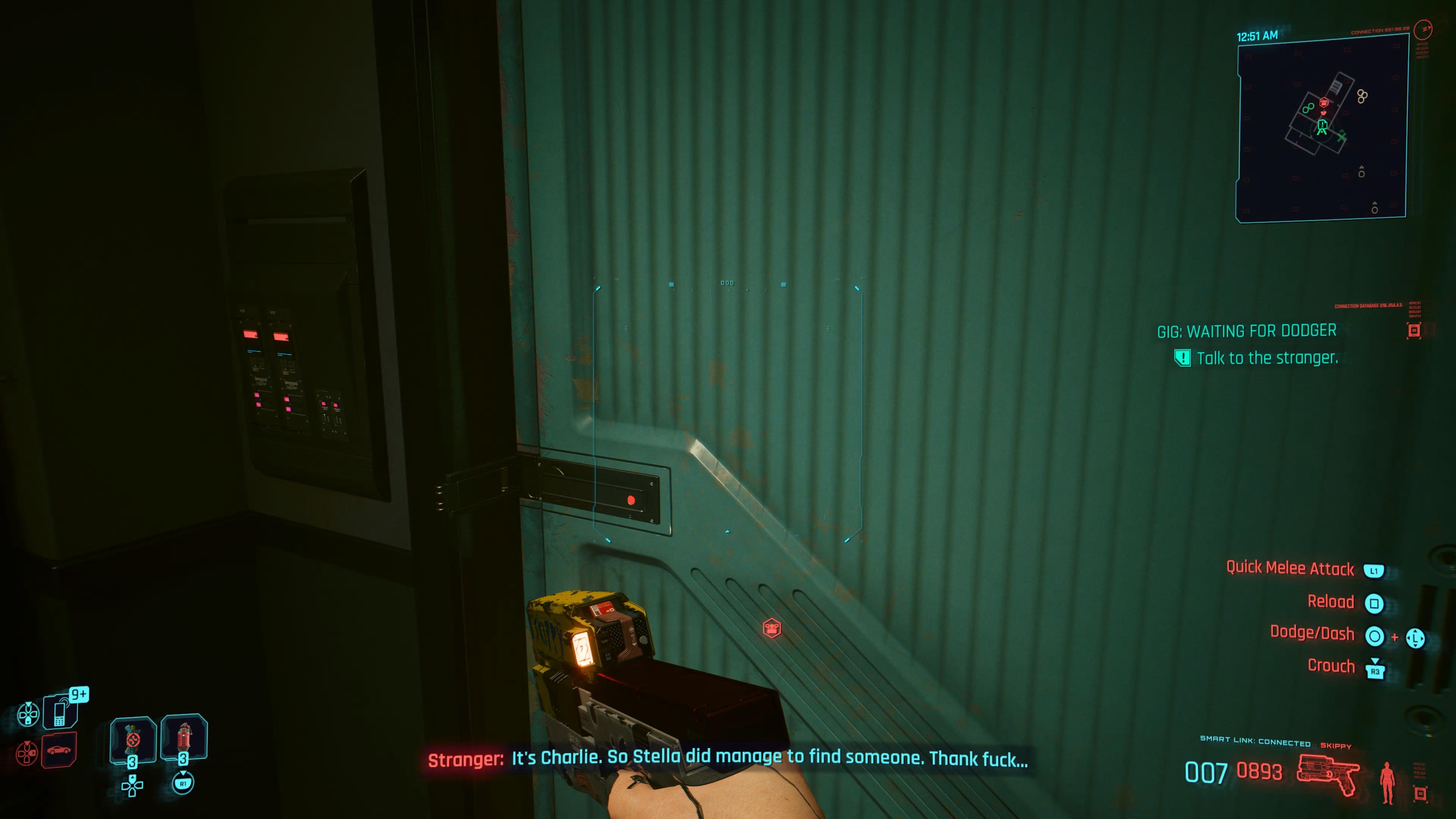 An in game screenshot of a door where you can talk to the stranger from Cyberpunk 2077. 
