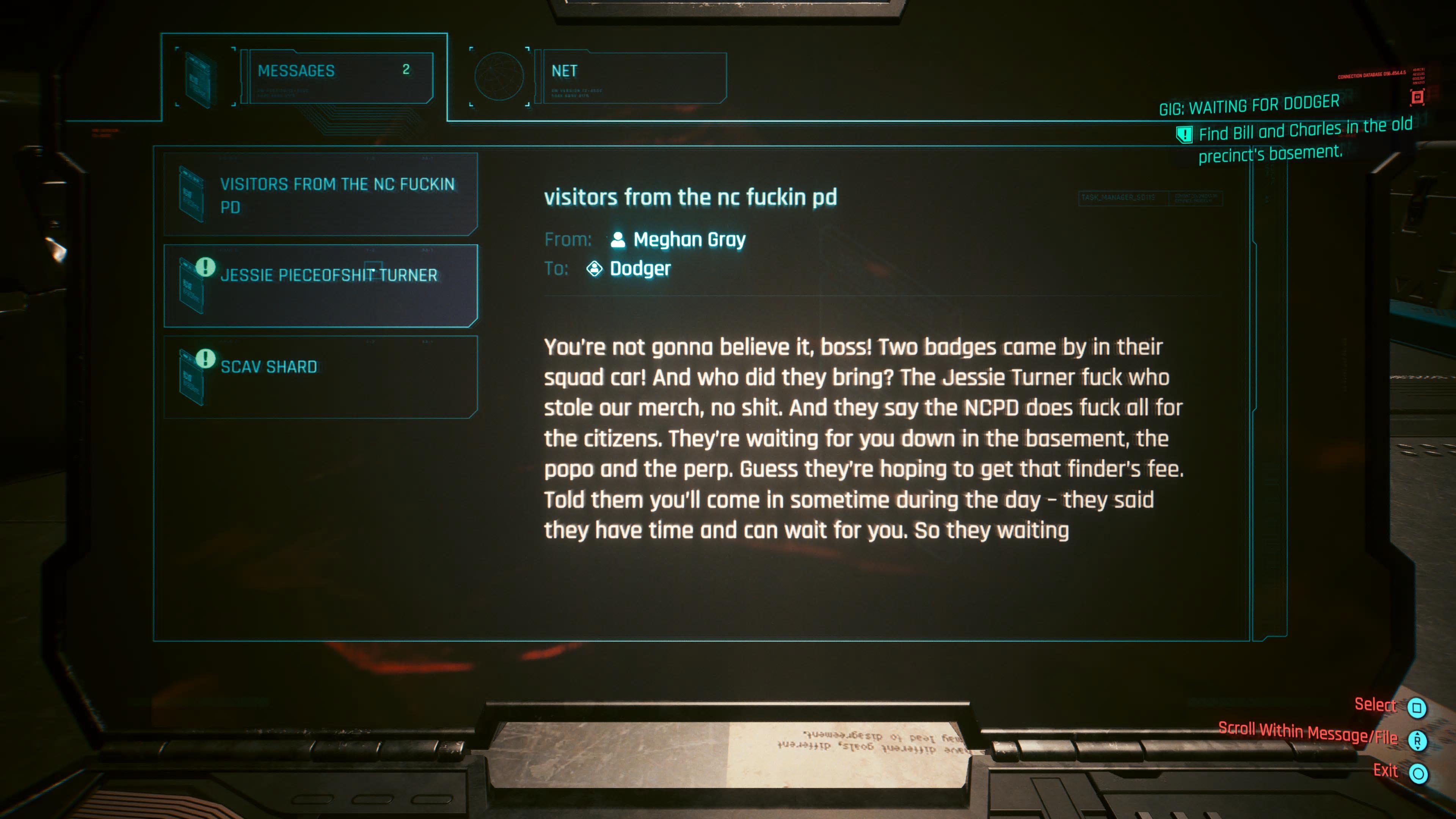 An in game screenshot of a computer message from the game Cyberpunk 2077. 