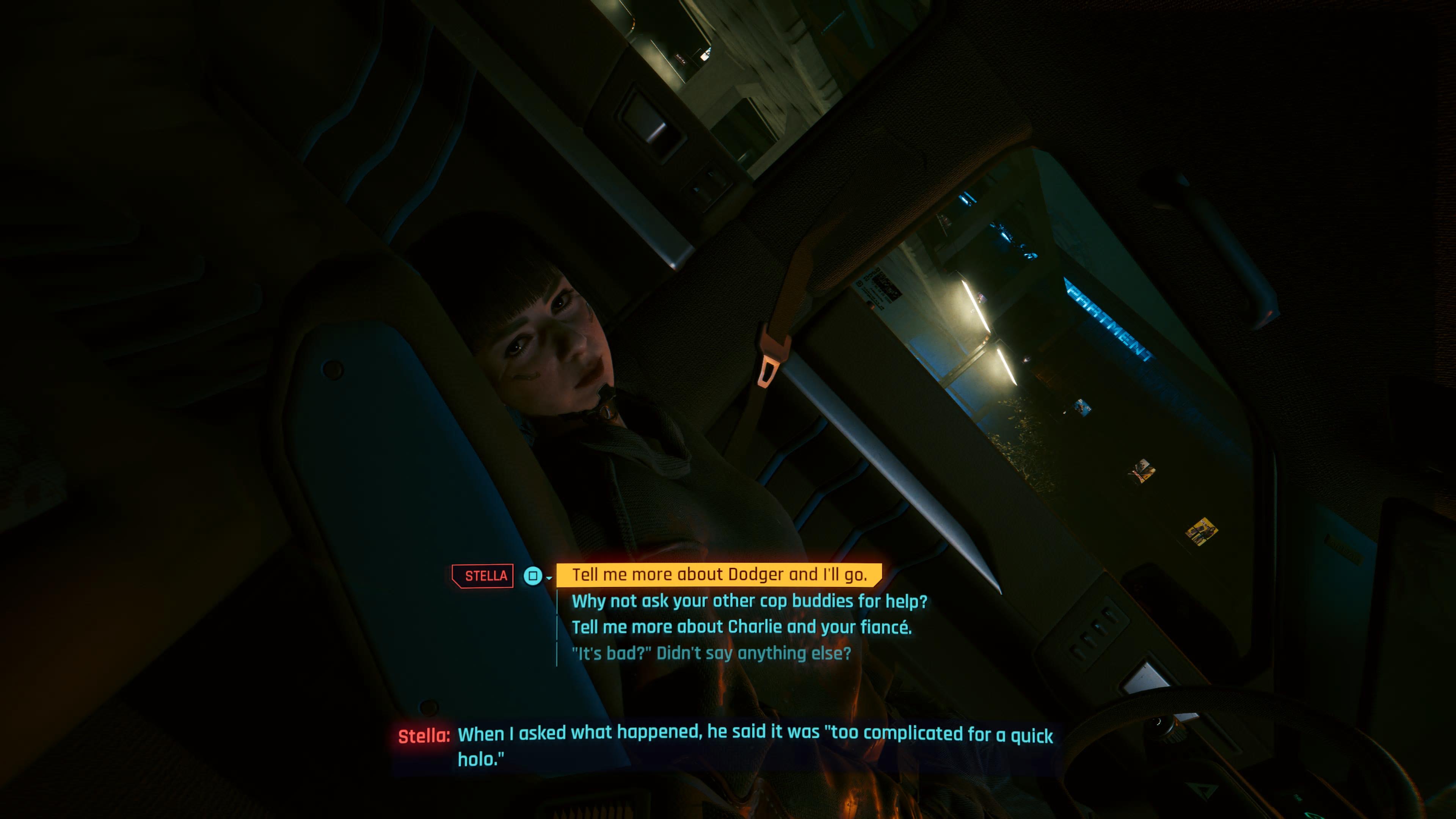 An in game screenshot of the character Stella from the game Cyberpunk 2077