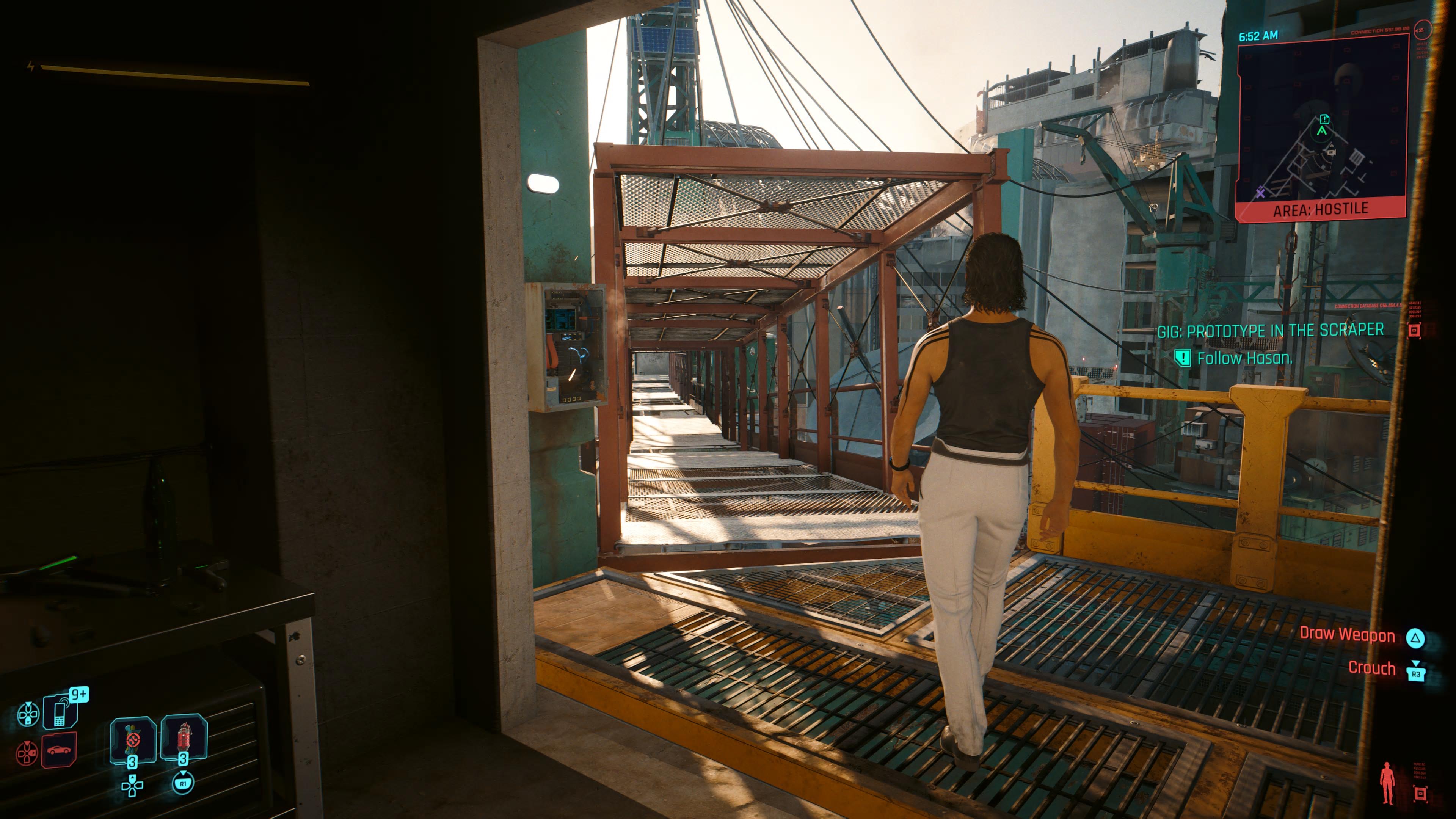 An in game screenshot of the scav bridge at the construction site from the game Cyberpunk 2077. 