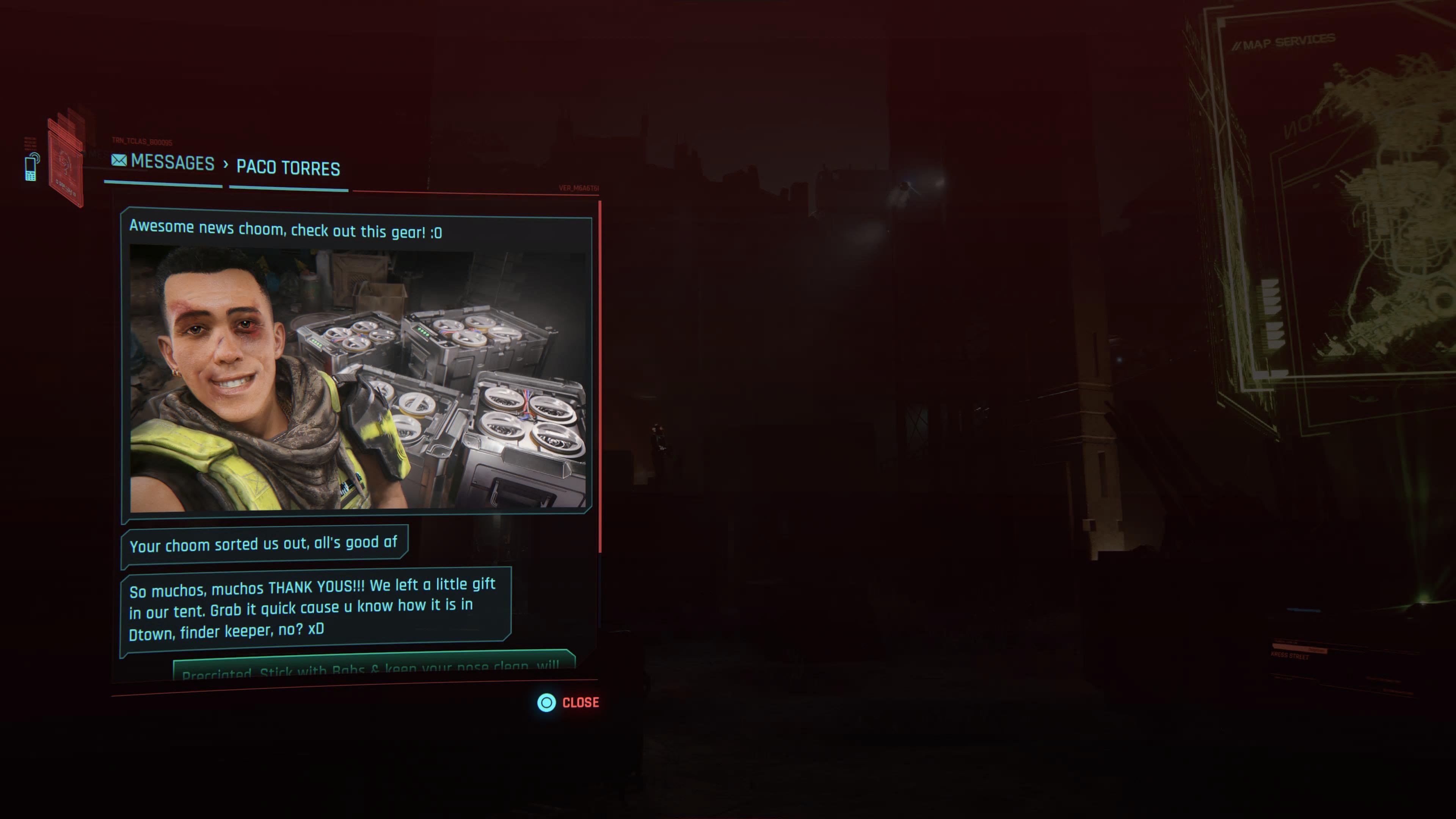 An in game screenshot of a text conversation between Paco and V from the game Cyberpunk 2077. 