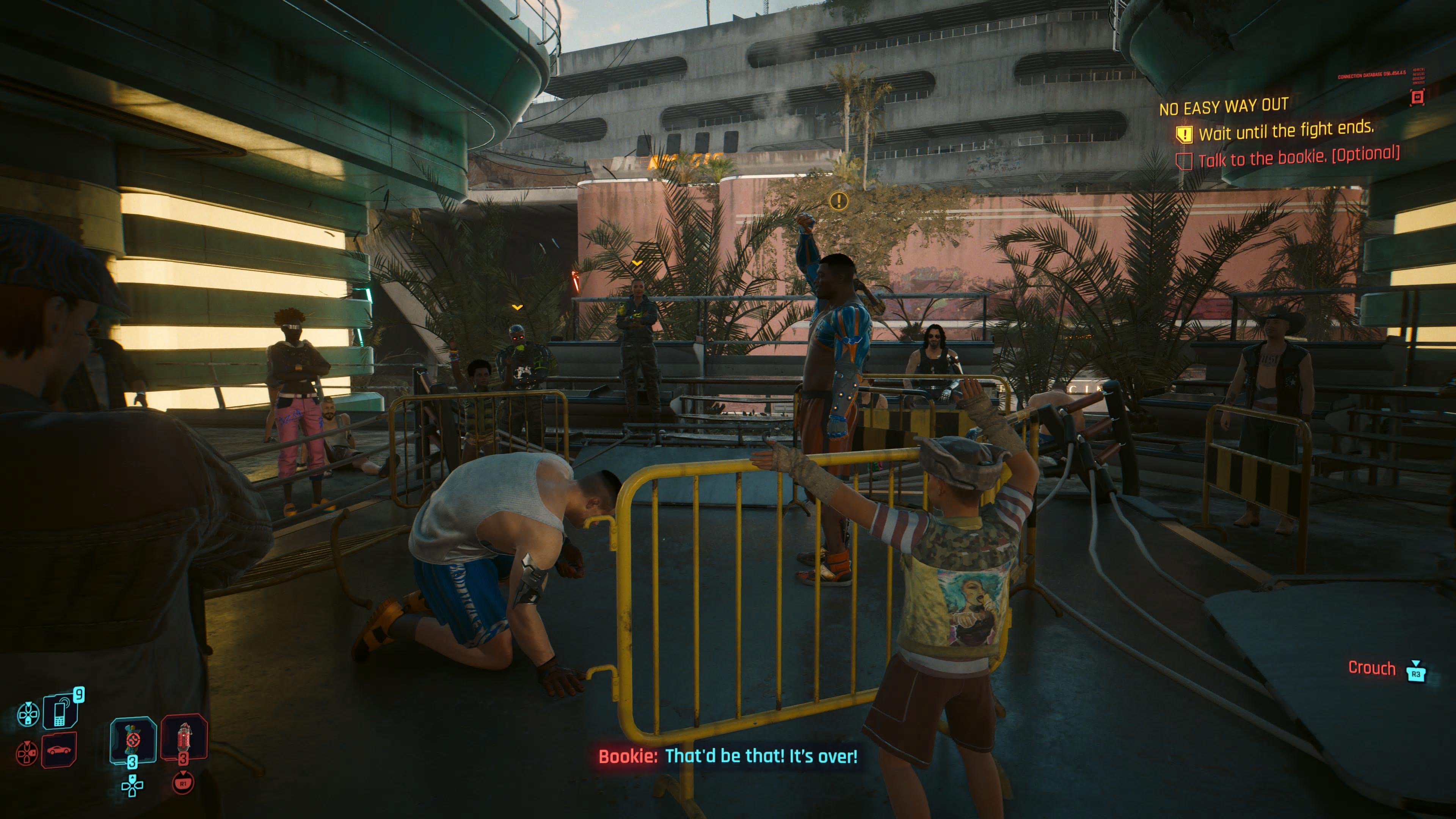 An in game screenshot of the character Aaron winning a boxing match from the game Cyberpunk 2077. 