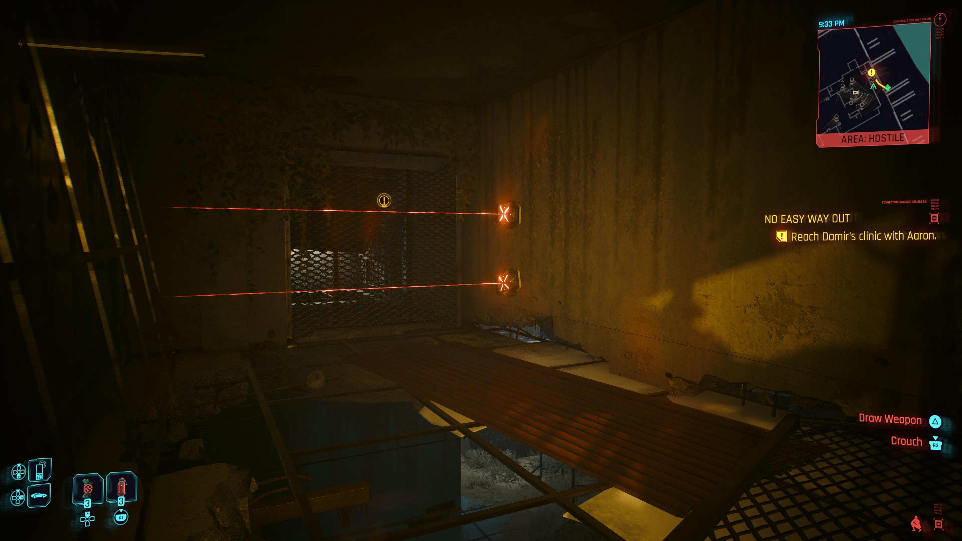 An in game screenshot of armed laser mines from the game Cyberpunk 2077. 