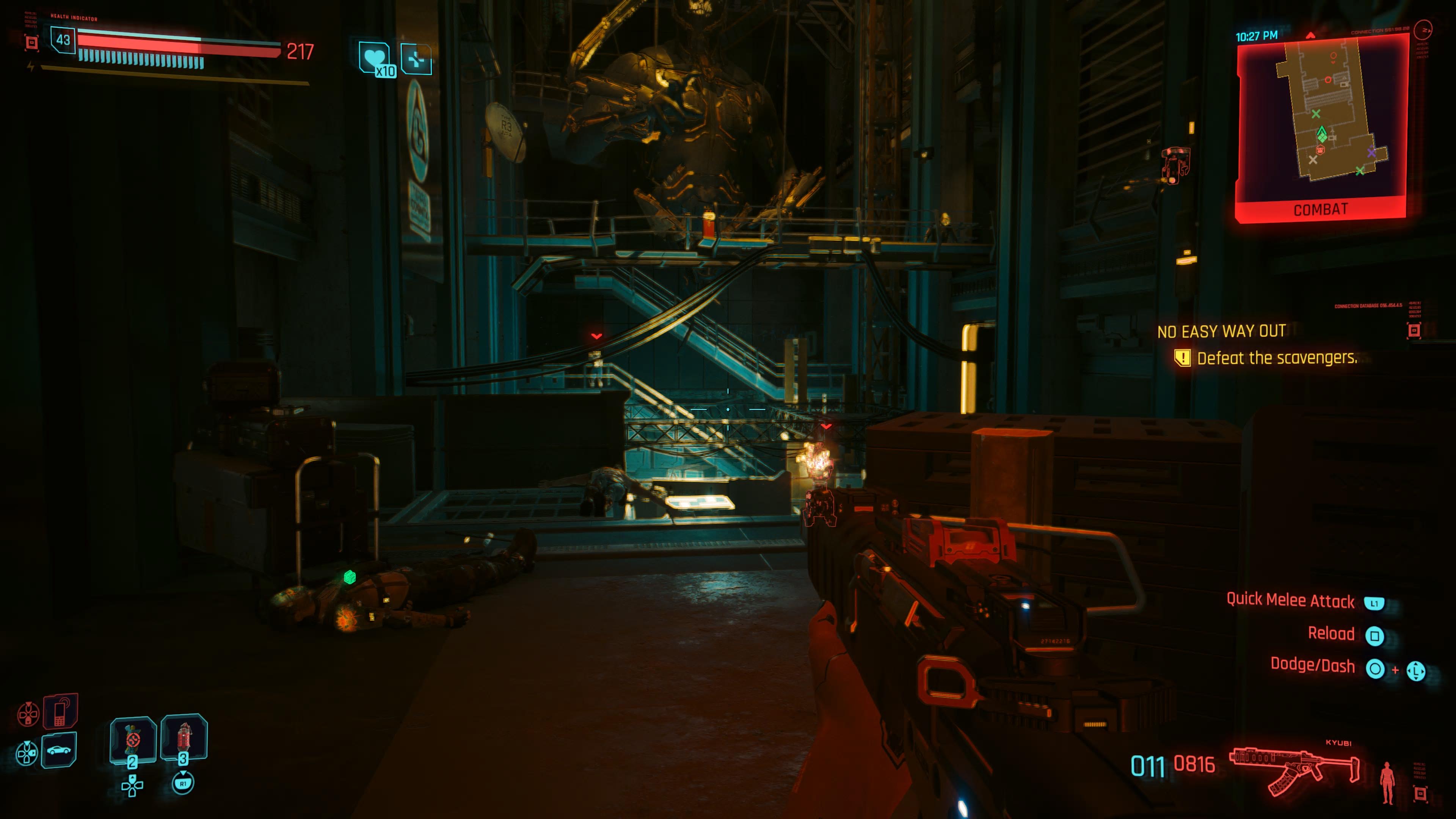 An in game screenshot of inside of the building where you will find Damir's clinic from the game Cyberpunk 2077. 