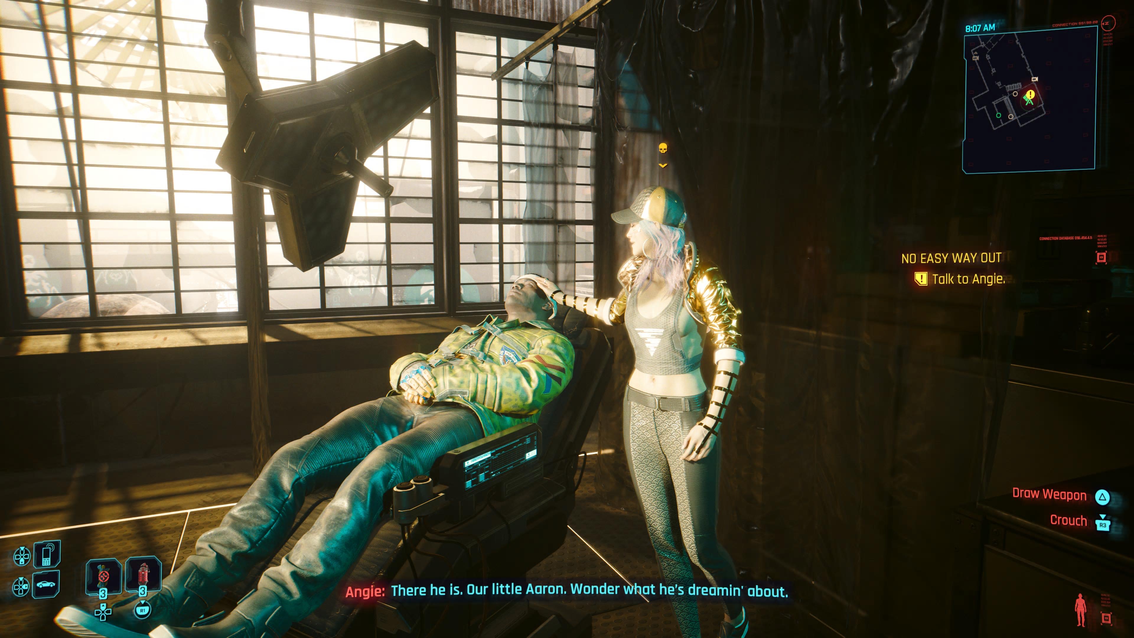 An in game screenshot of the characters Angie and Aaron from the game Cyberpunk 2077. 