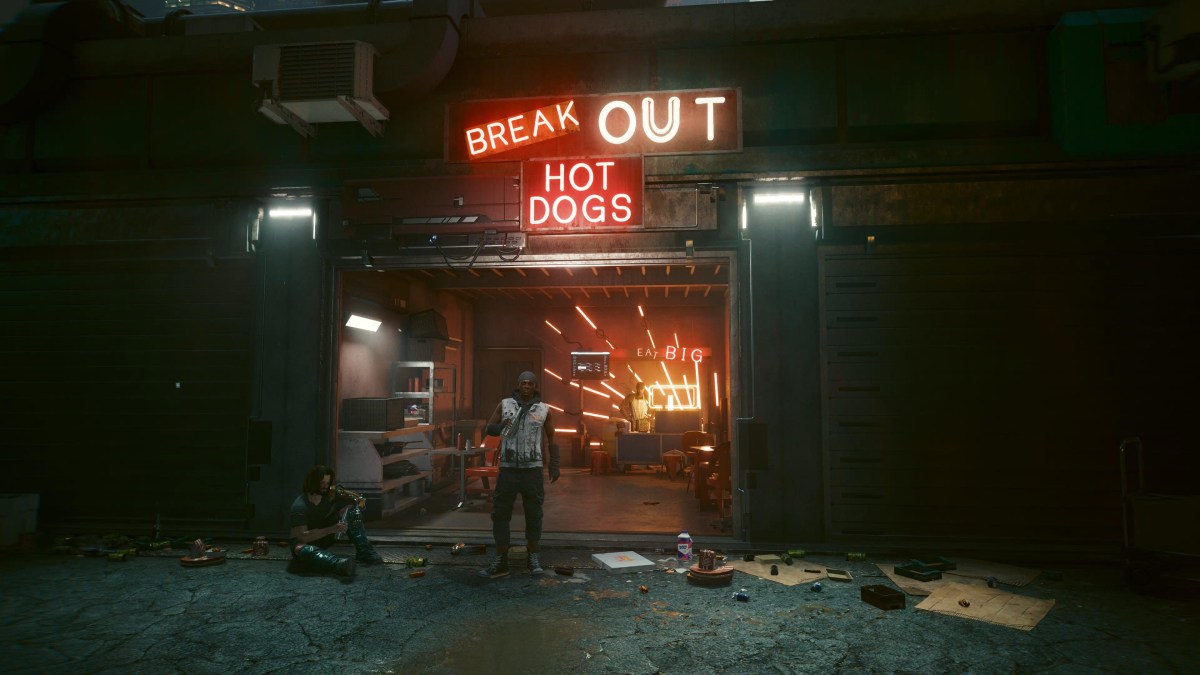 An in game screenshot of the Break Out Hot Dogs joint from the game Cyberpunk 2077.