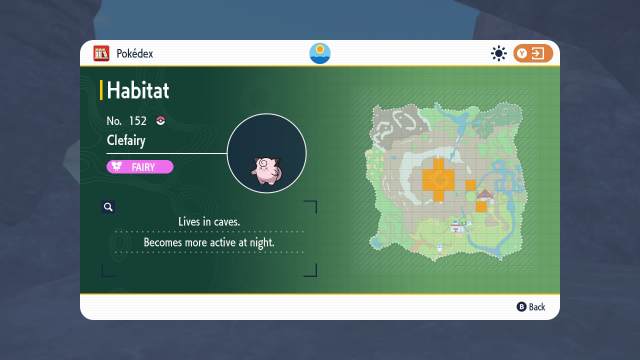 A map from Pokémon The Teal Mask showing the Pokedex entry for Clefairy and its locations highlighted in yellow around the region.