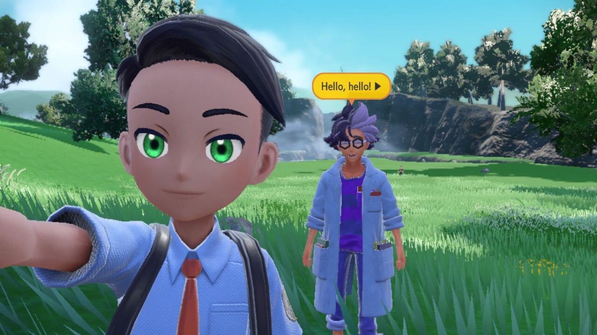 A player in Pokemon Scarlet and Violet The Teal Mask DLC taking a selfie with Jacq.