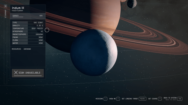 The Indum III-A Moon with Indum planet behind it. Rings surround Indum, and its moon has multiple resources listed on the left side of the screen.