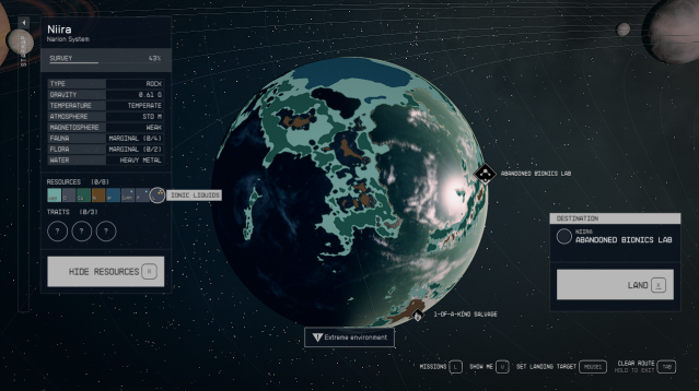 A planet screenshot of Niira and all the resourceas available with all the terrain shown.