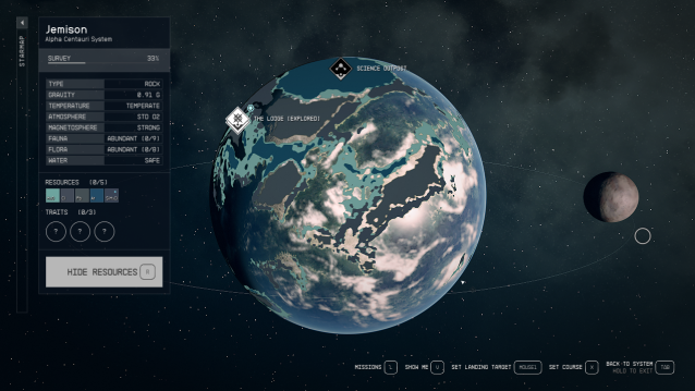 Jemison planet with all the elements and resources shown on the left side of the screen and a moon in the distant background