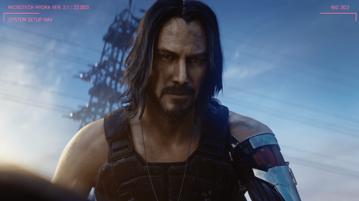 Keanu Reeves' Johnny Silverhand looking at V, who's woken up a wasteland.