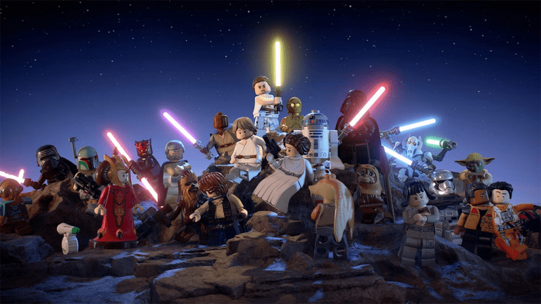 Lego Star Wars Skywalker saga 2022 with all the jedi and sith holding lightsabers on a rock.