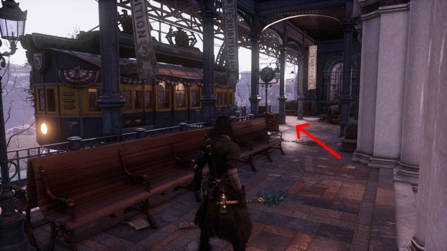 An arrow pointing to Black Cat and Red Fox's location in the Grand Exhibition in Lies of P
