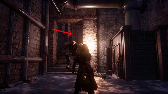 An arrow pointing up a staircase after the sewer section in Rosa Isabelle Street in Lies of P 