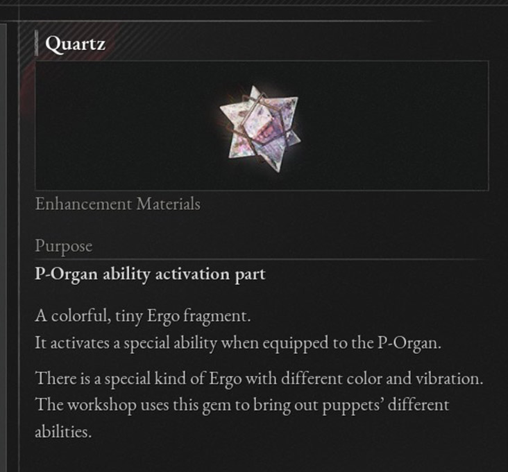 The Quartz item description in Lies of P.