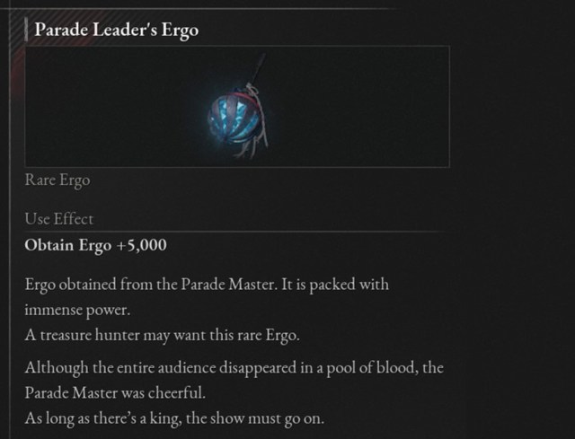 The Parade Leader's Ergo item description from Lies of P