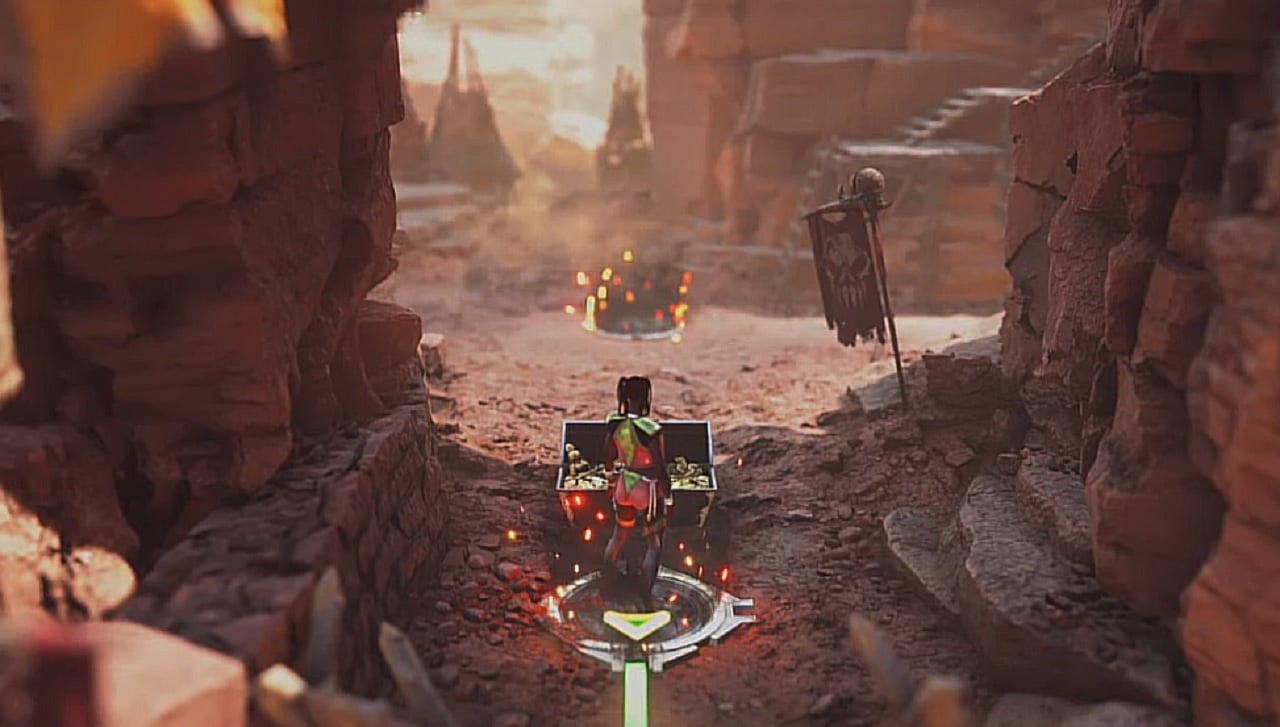 There is a shot of a chest next to a node. A character is going up to open it. Both are in a location with cliffs, and a flag is on the right of the chest.