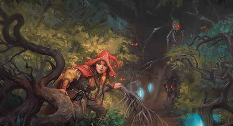 Image of little red riding hood in woods through MTG Brave the Wilds Wilds of Eldraine MTG card