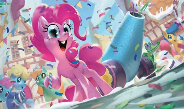 Image of pony in town party with cannon shooting streamers through MTG My Little Pony Pinkie Pie