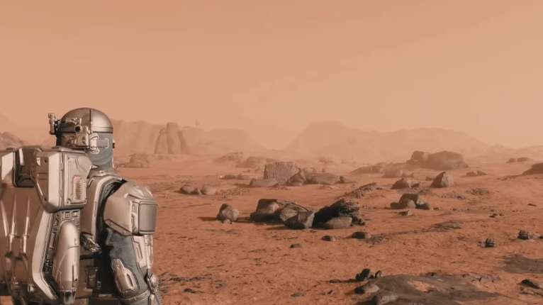 A pilot standing on a desolate Mars with only rocks and red dust in front of them.