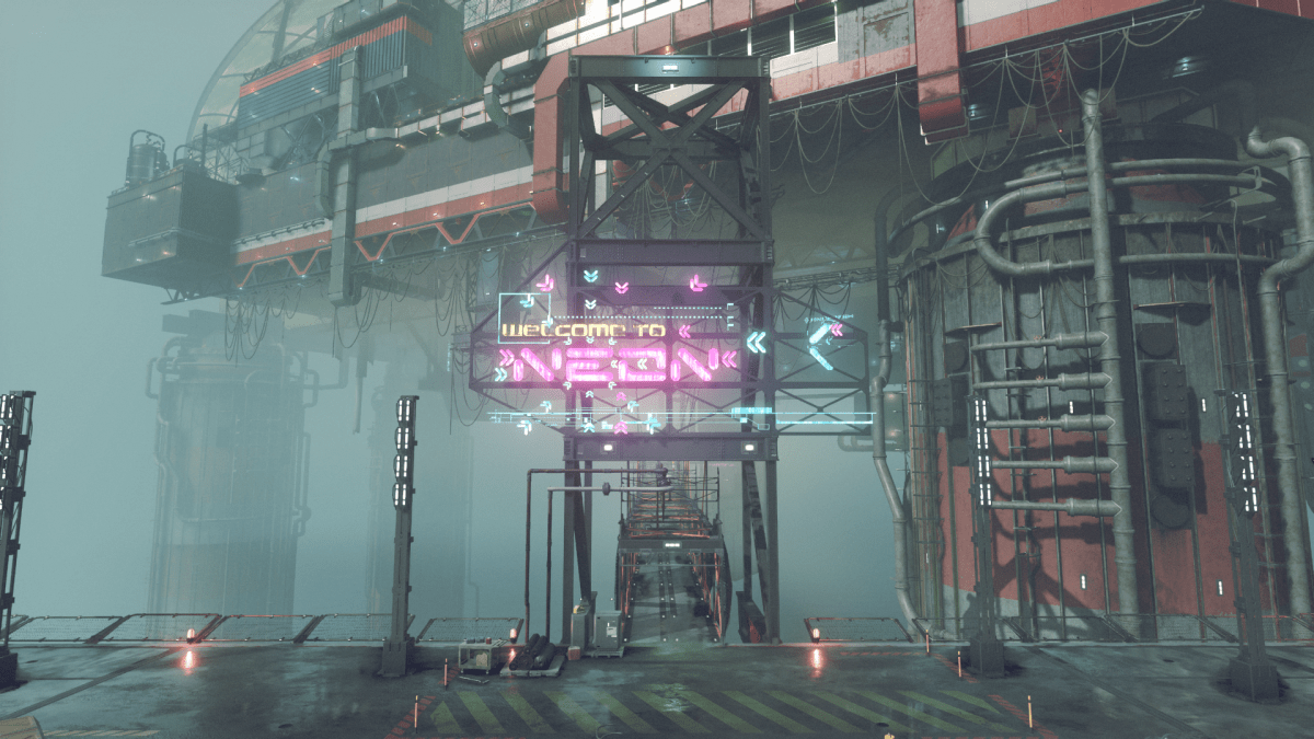 Image of a rainy city with a massive, industrial city in the backdrop and a neon sign welcoming the player to the city of Neon.