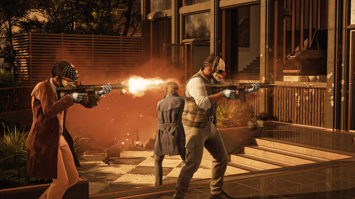 displays three heisters firing machine guns in a street in Payday 3.