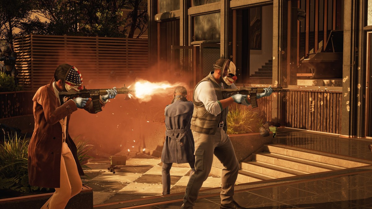 Displays three heisters firing machine guns in Payday 3.