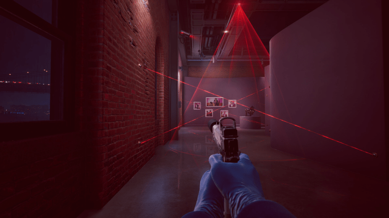 Payday 3 pistol with lasers everywhere in a vault.