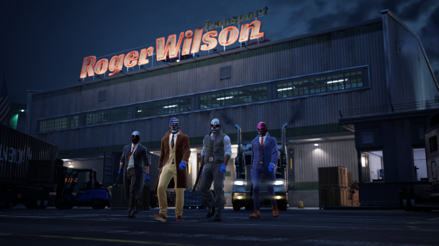 Payday 3 player characters rolling up in front of the Roger Wilson building