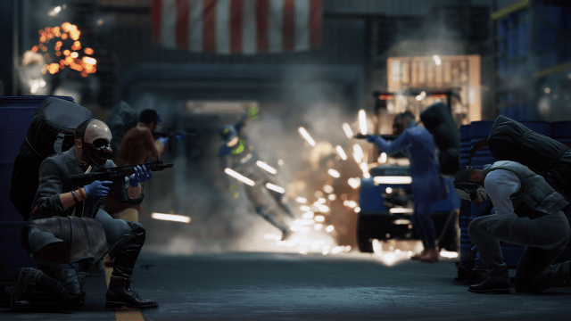 Displays an explosion on a street outside of a bank in Payday 3.