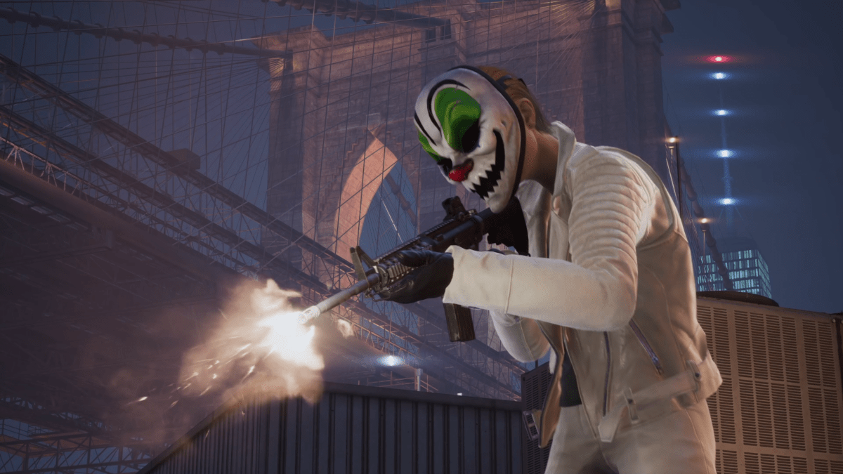 Image displays a heister in a clown mask and white suit firing a machine gun near a bridge.